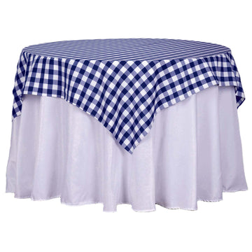 54"x54" White Navy Blue Seamless Buffalo Plaid Square Table Overlay, Checkered Gingham Polyester Table Overlay