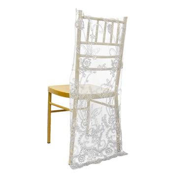 White Organza Floral Sequin Embroidered Chiavari Chair Back Slipcover, Wedding Chair Back Lace Cover
