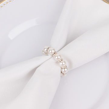 4 Pack 1.5" White Pearl Beads and Silver Rhinestone Napkin Rings, Elegant Round Serviette Buckle Napkin Holders