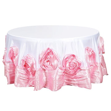132" White Pink Seamless Large Rosette Round Lamour Satin Tablecloth