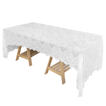 60"x120" White Premium Lace Seamless Rectangle Tablecloth, Vintage Lace Table Cover With Scalloped Frill Edges