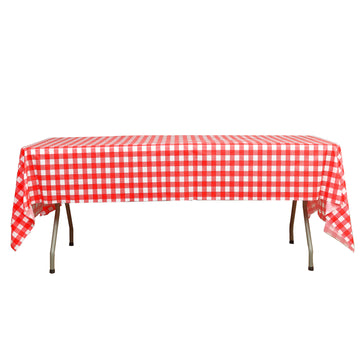 54"x108" White Red Buffalo Plaid Waterproof Plastic Tablecloth, PVC Rectangle Disposable Checkered Table Cover