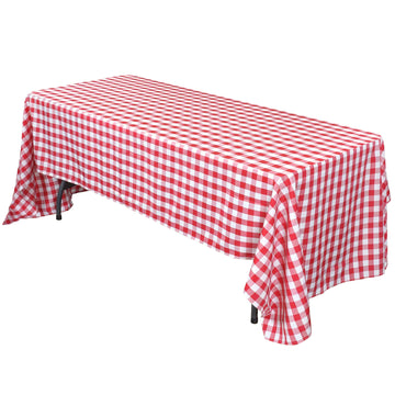 60"x102" White Red Seamless Buffalo Plaid Rectangle Tablecloth, Checkered Polyester Linen Tablecloth