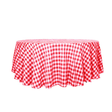120" White Red Seamless Buffalo Plaid Round Tablecloth, Checkered Gingham Polyester Tablecloth