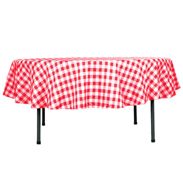 90" White Red Seamless Buffalo Plaid Round Tablecloth, Gingham Polyester Checkered Tablecloth
