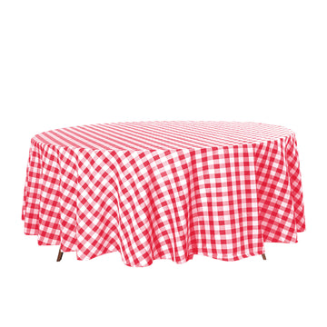 108" White Red Seamless Buffalo Plaid Round Tablecloth, Checkered Gingham Polyester Tablecloth