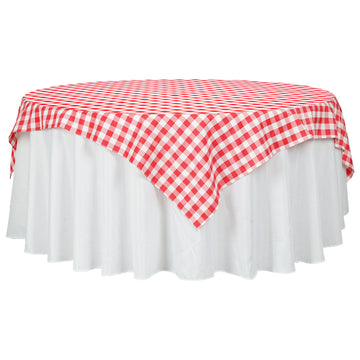 70"x70" White Red Seamless Buffalo Plaid Square Table Overlay, Gingham Polyester Checkered Table Overlay