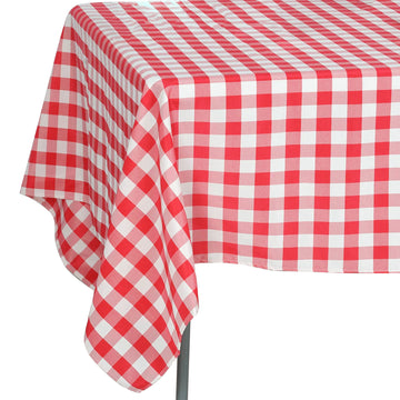 70"x70" White Red Seamless Buffalo Plaid Square Tablecloth, Gingham Polyester Checkered Tablecloth