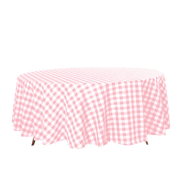 108" White Rose Quartz Seamless Buffalo Plaid Round Tablecloth, Checkered Gingham Polyester Tablecloth