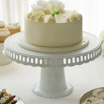 4 Pack 13" White Round Footed Reusable Plastic Pedestal Cake Stands With Hollow Scalloped Edges