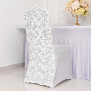 Add Glamour and Elegance with White Satin Rosette Spandex Stretch Banquet Chair Cover Add Glamour and Elegance with White Satin Rosette Spandex Stretch Banquet Chair Cover