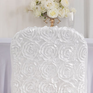 Transform Your Event with the White Satin Rosette Spandex Stretch Chair Cover