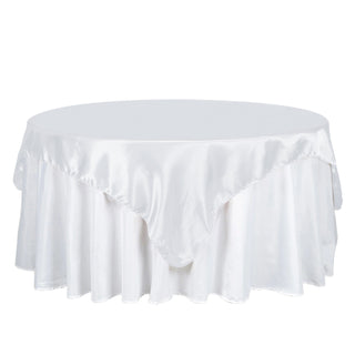 Elevate Your Event with the 72x72 White Seamless Satin Square Tablecloth Overlay