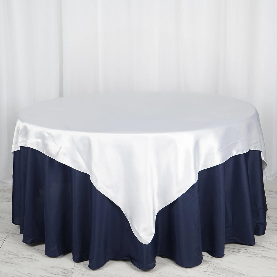 72 Inch x 72 Inch White Seamless Satin Square Tablecloth Overlay