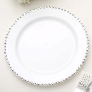 10 Pack | 10" White / Silver Beaded Rim Disposable Dinner Plates 10 Pack | 10" White / Silver Beaded Rim Disposable Dinner Plates