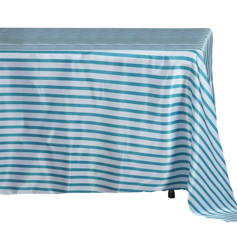 60 inch x126 inch White/Turquoise Striped Satin Tablecloth
