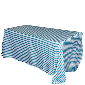 90"x132" White Turquoise Seamless Stripe Satin Rectangle Tablecloth