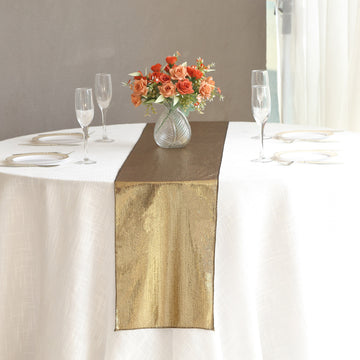 12"x108" Antique Gold Shimmer Sequin Dots Polyester Table Runner, Wrinkle Free Sparkle Glitter Table Runner