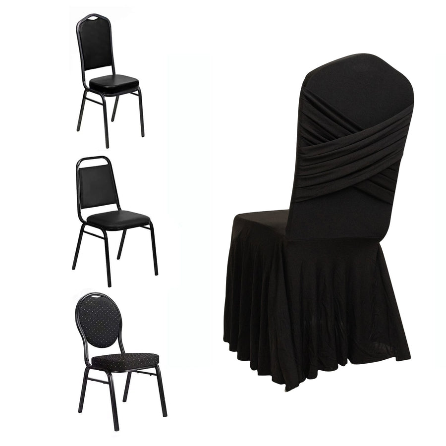 Black chair covers in various styles on a plain white background