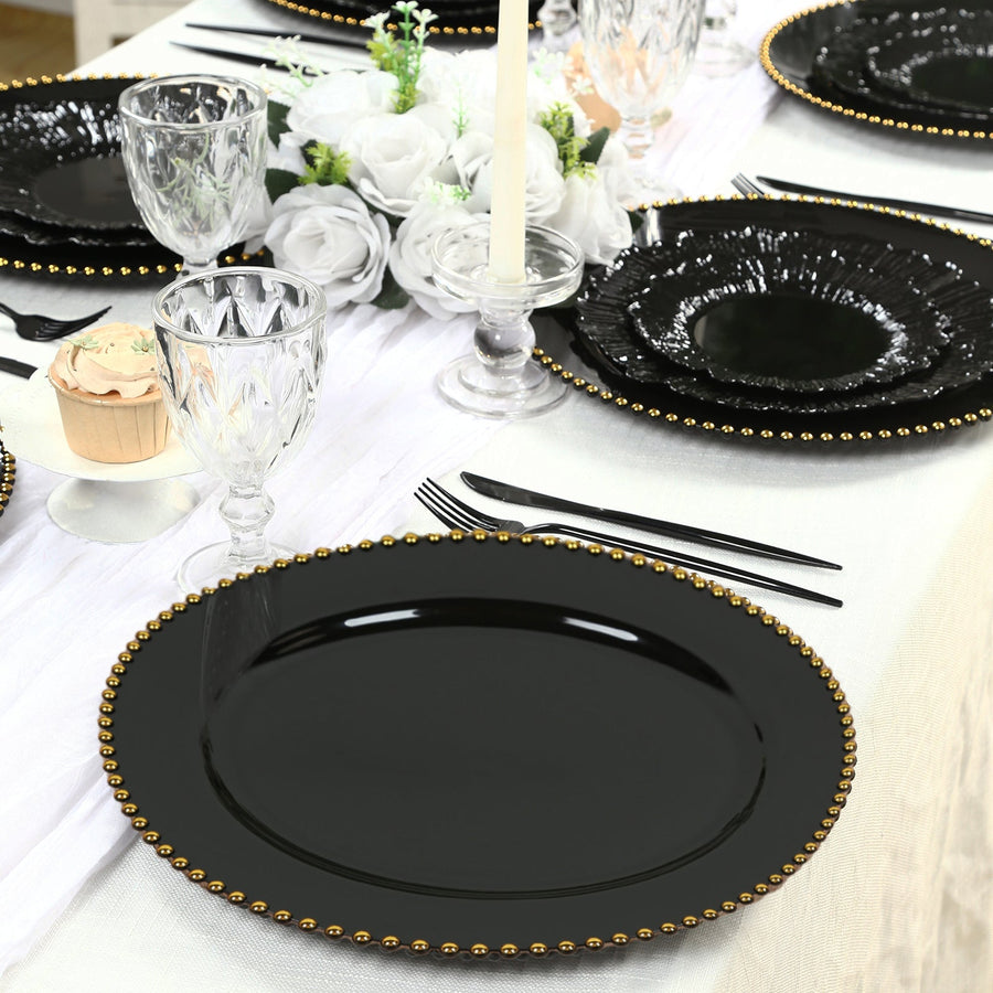 10-Pack Economy Round Plastic Charger Plates 13" in Black with Gold Beaded Rim, Stylish Dinner Party