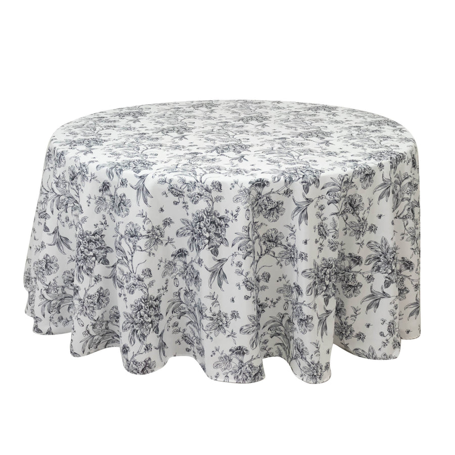 Polyester 120inch Round Tablecloth White - Black French Toile Pattern for Chic Weddings
