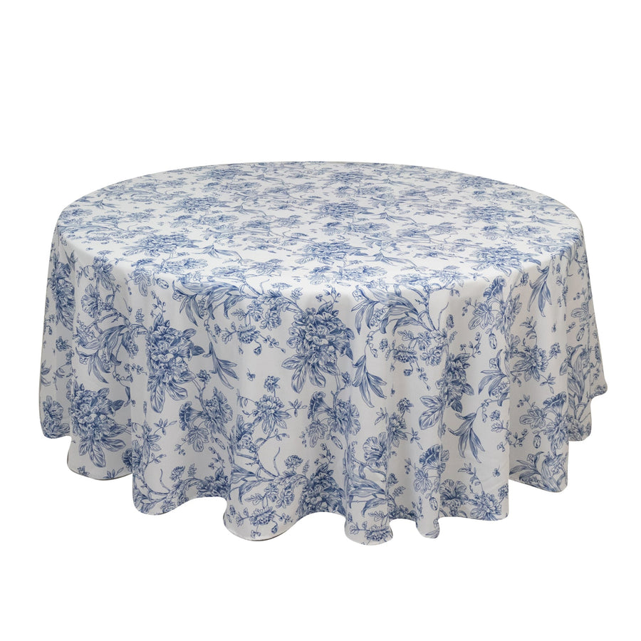 Round floral tablecloth in blue and white tones