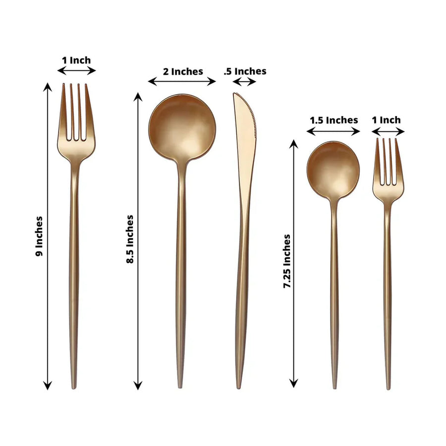 Gold flatware set with measurements displayed