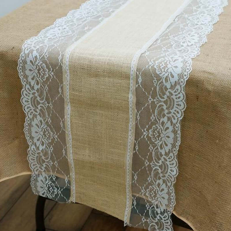 16x108 Natural Jute Burlap Table Runner With White Lace Edges#whtbkgd