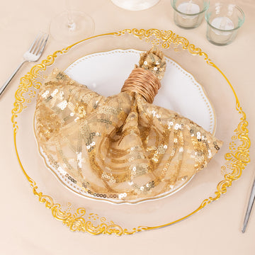 Champagne Wave Embroidered Sequin Mesh Dinner Napkin, Reusable Decorative Napkin - 20"x20"