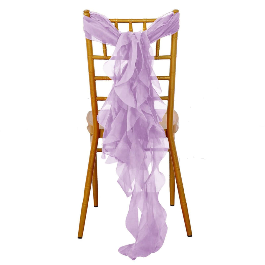 Lavender sheer chair sash draped elegantly on a wooden chair