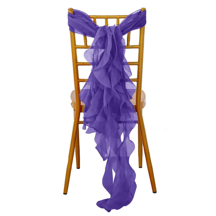Purple chiffon chair sash draped elegantly over a gold chiavari chair