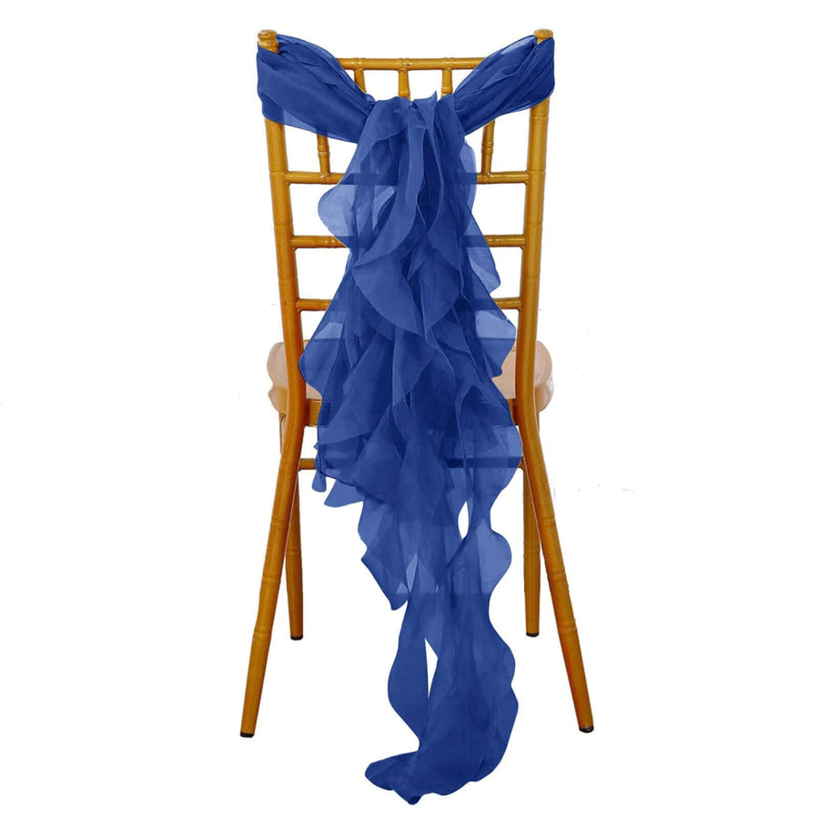 Blue chiffon chair sash draped elegantly on a golden Chiavari chair