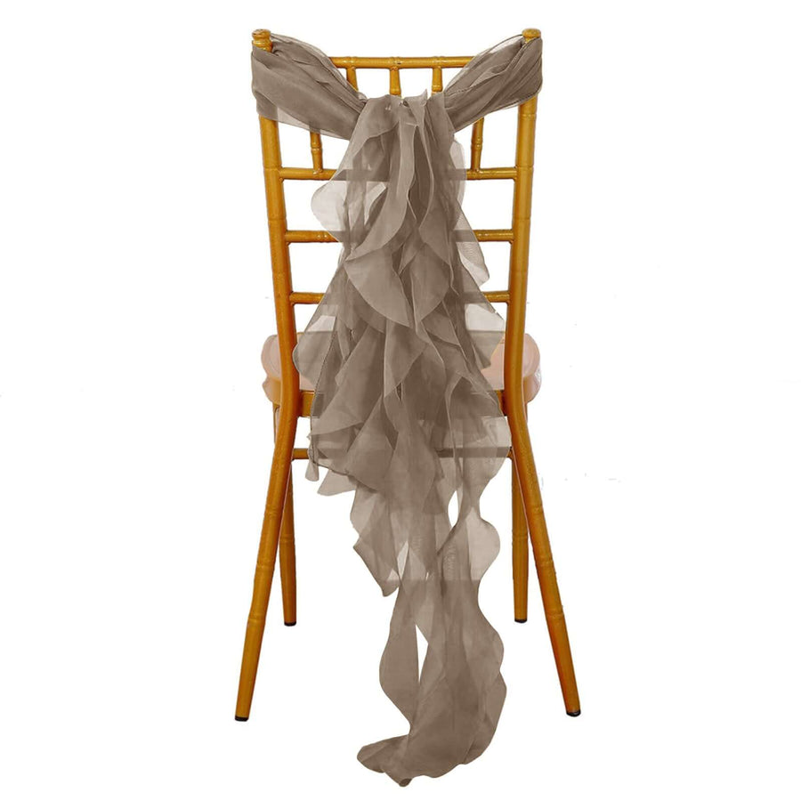 Elegant taupe chair sash draped over a gold Chiavari chair.