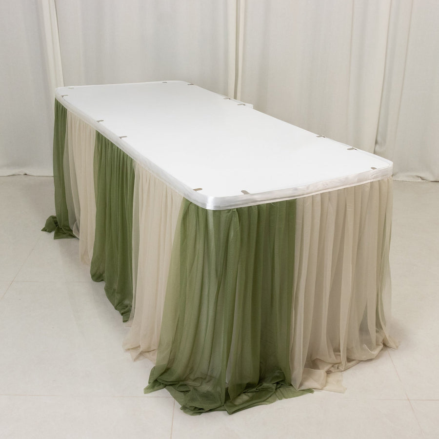14ft Sheer Chiffon Table Skirt - Dusty Sage Green / Beige Pleated Ruffle Skirting