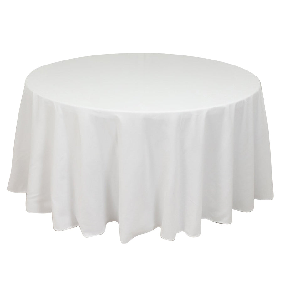 Round white tablecloth, elegant fabric drapes, perfect for events and dining.
