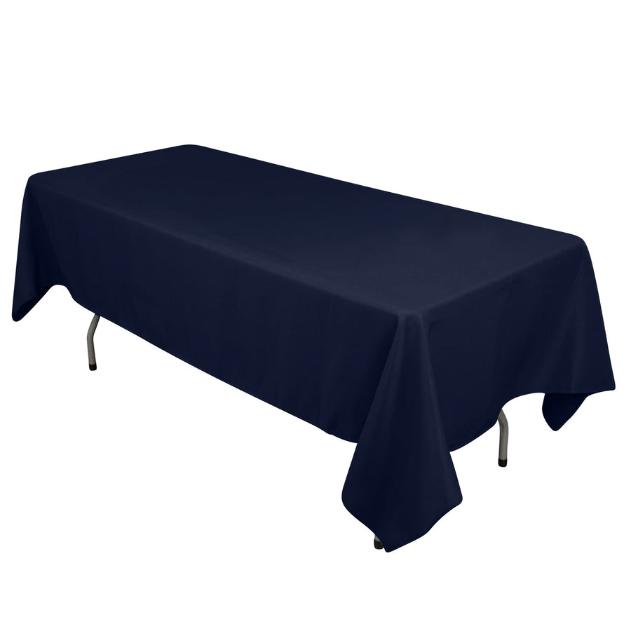 Navy blue tablecloth draped over a rectangular table