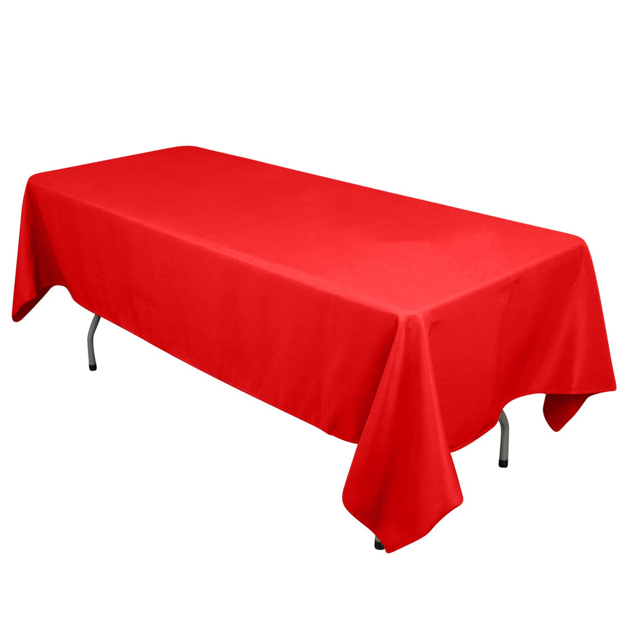 Red rectangular tablecloth on a folding table