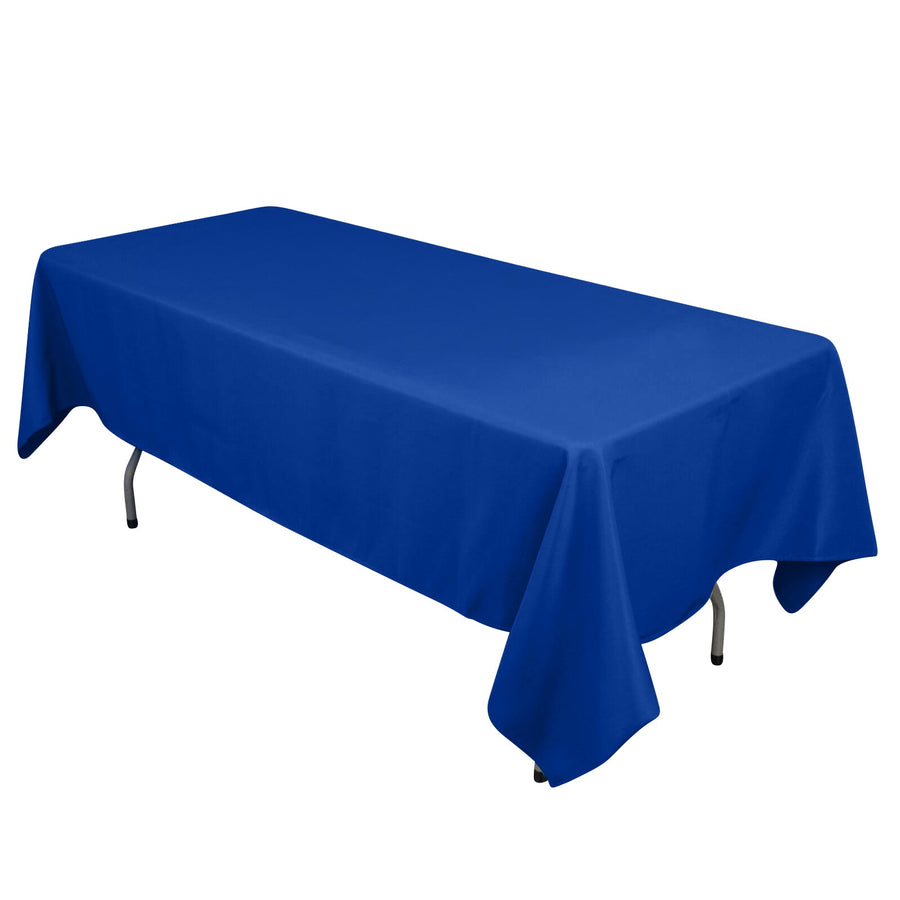 Blue tablecloth draped over a rectangular table
