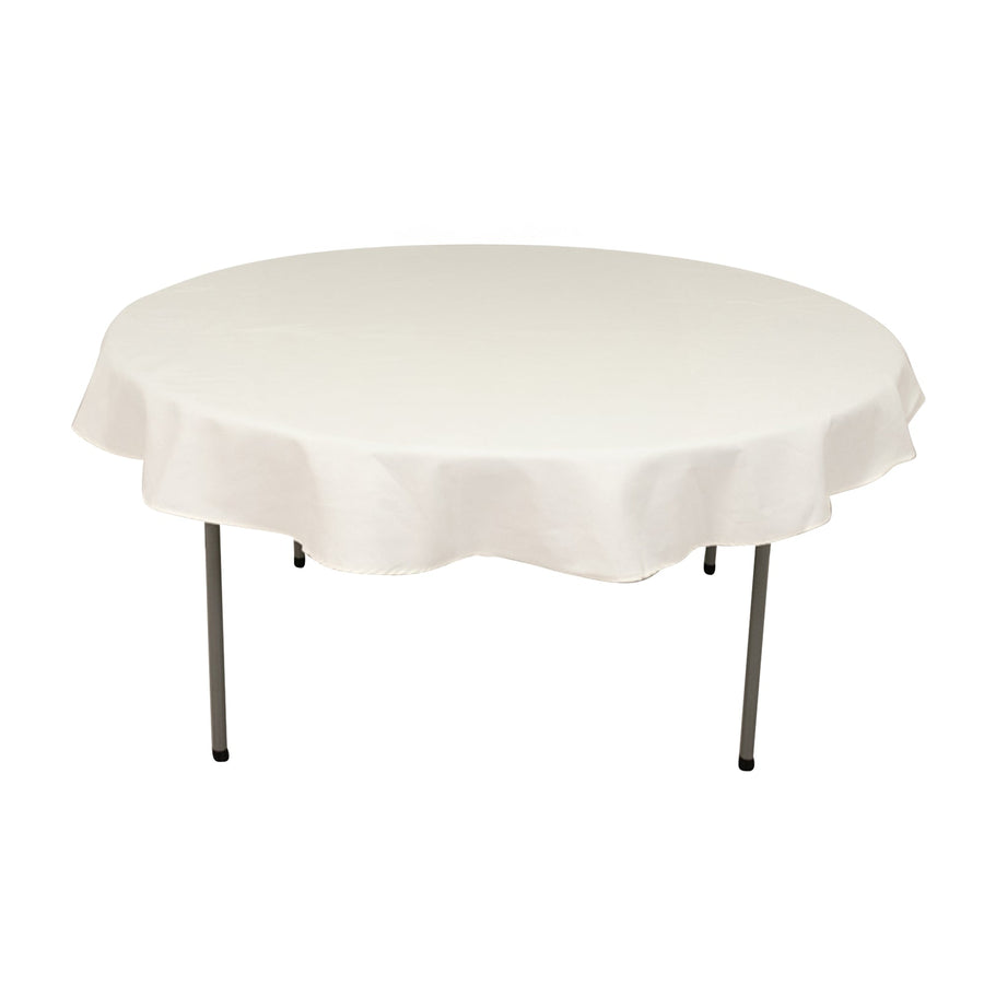 Round white tablecloth on a table, showcasing a clean design.