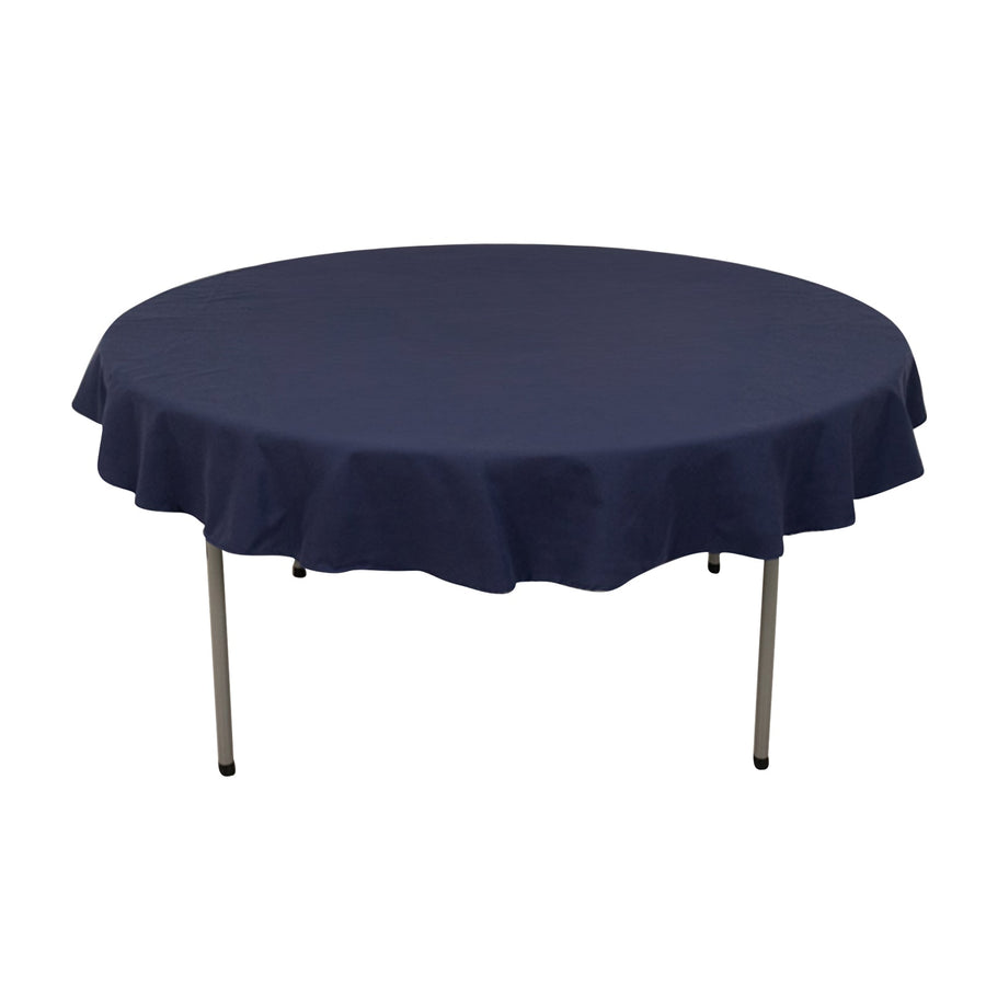 Round navy tablecloth with ruffled edges, perfect for events and gatherings.
