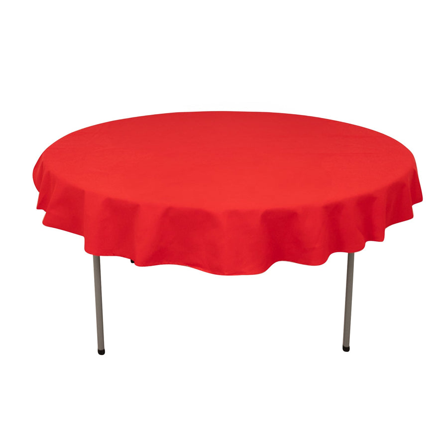 Red round tablecloth with ruffled edges on a white background.