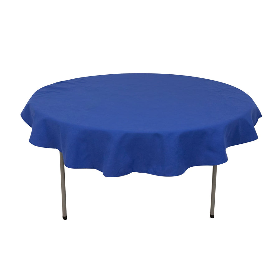 Round blue tablecloth with ruffled edges on a white backdrop