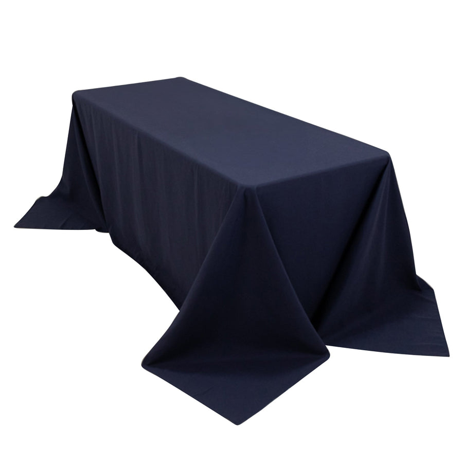 Navy tablecloth draped elegantly over a rectangular table