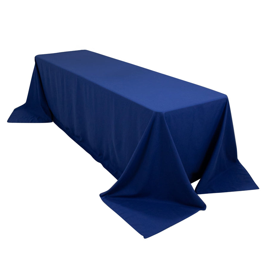 Navy blue tablecloth draped over a rectangular table