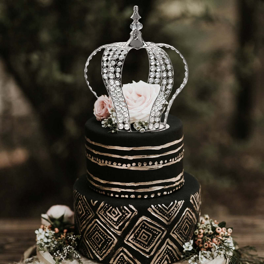 14inch Metallic Silver Crystal-Bead Royal Crown Cake Topper, Centerpiece