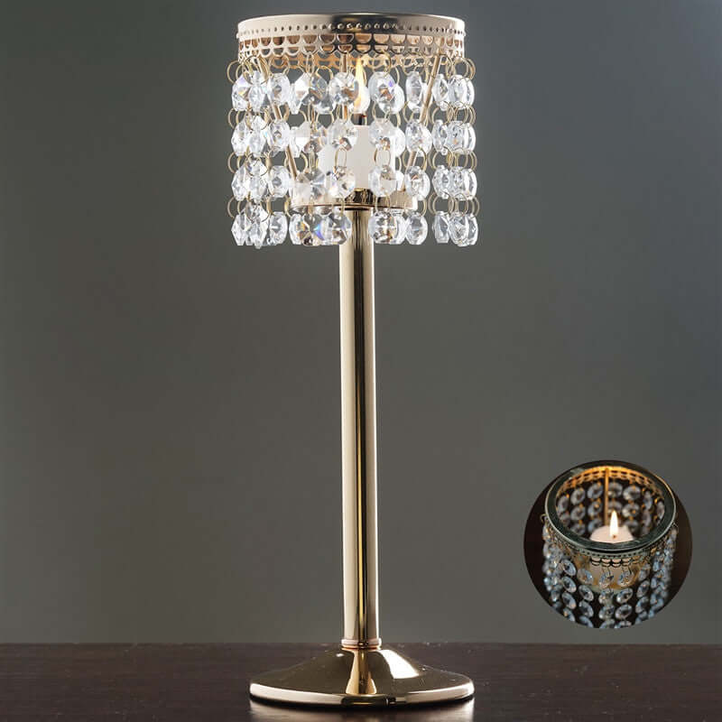 Elegant gold table lamp with crystal beads and a sleek design.