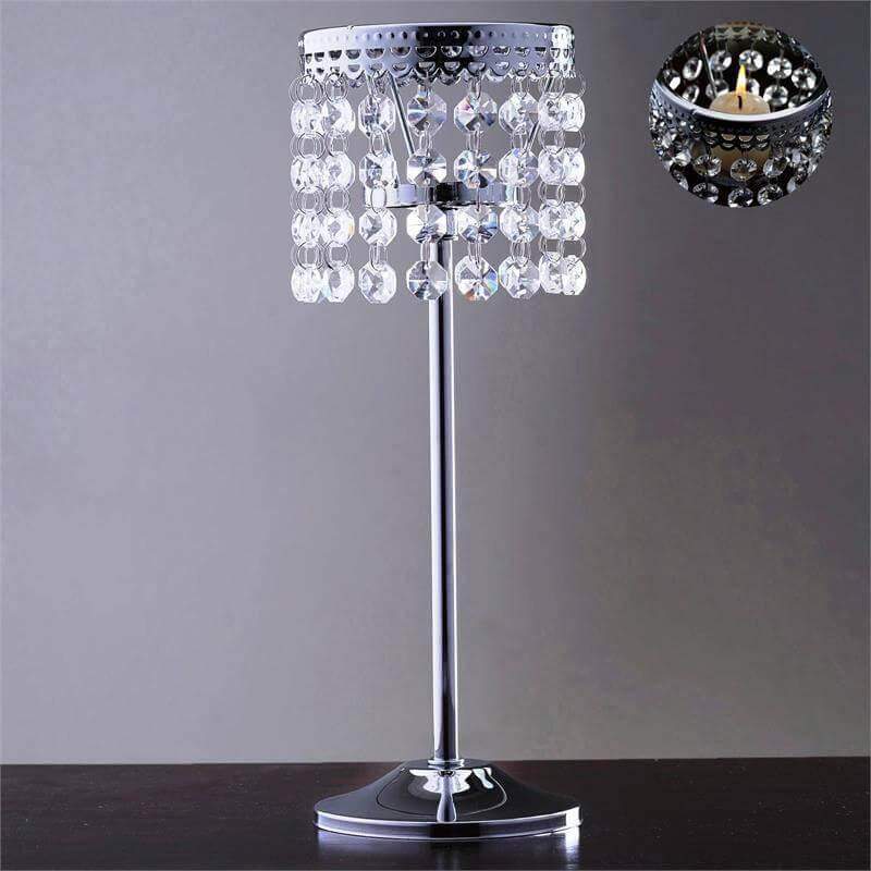 Elegant crystal table lamp with a sleek chrome base and hanging beads