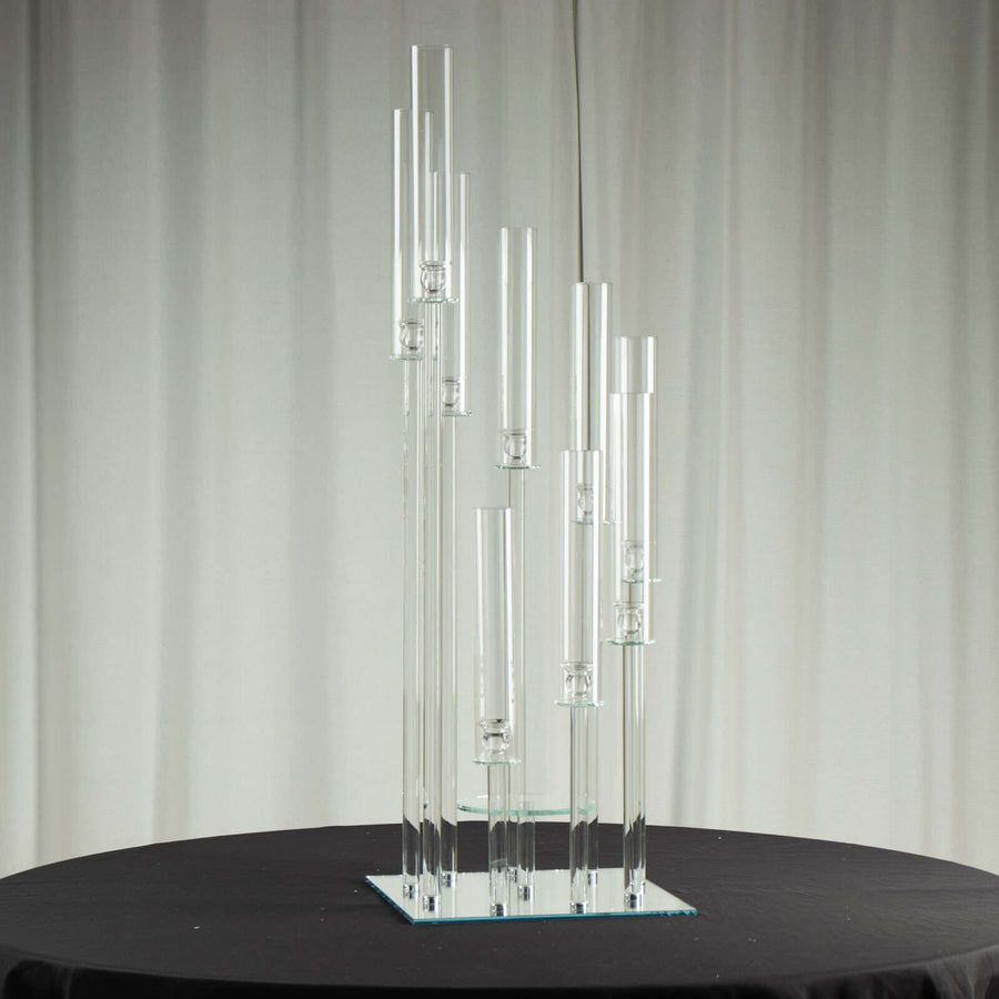 4ft Crystal 9-Arm Cluster Glass Taper / Pillar Square Candle Stand, Hurricane Candle Holder Floral