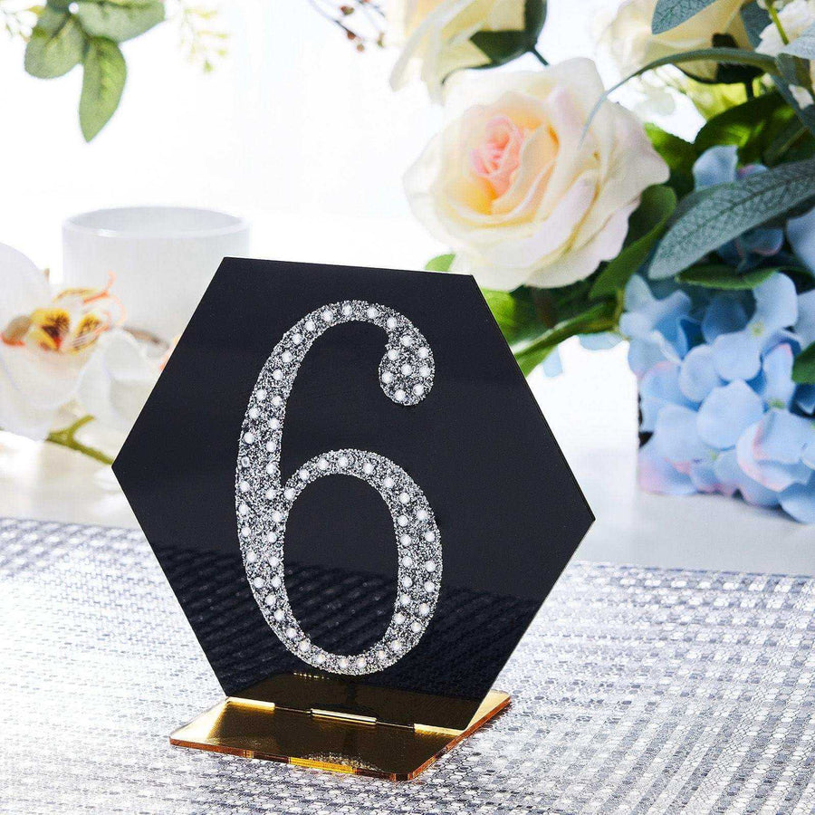 Hexagon table number sign with rhinestones, elegant decor for events or weddings.