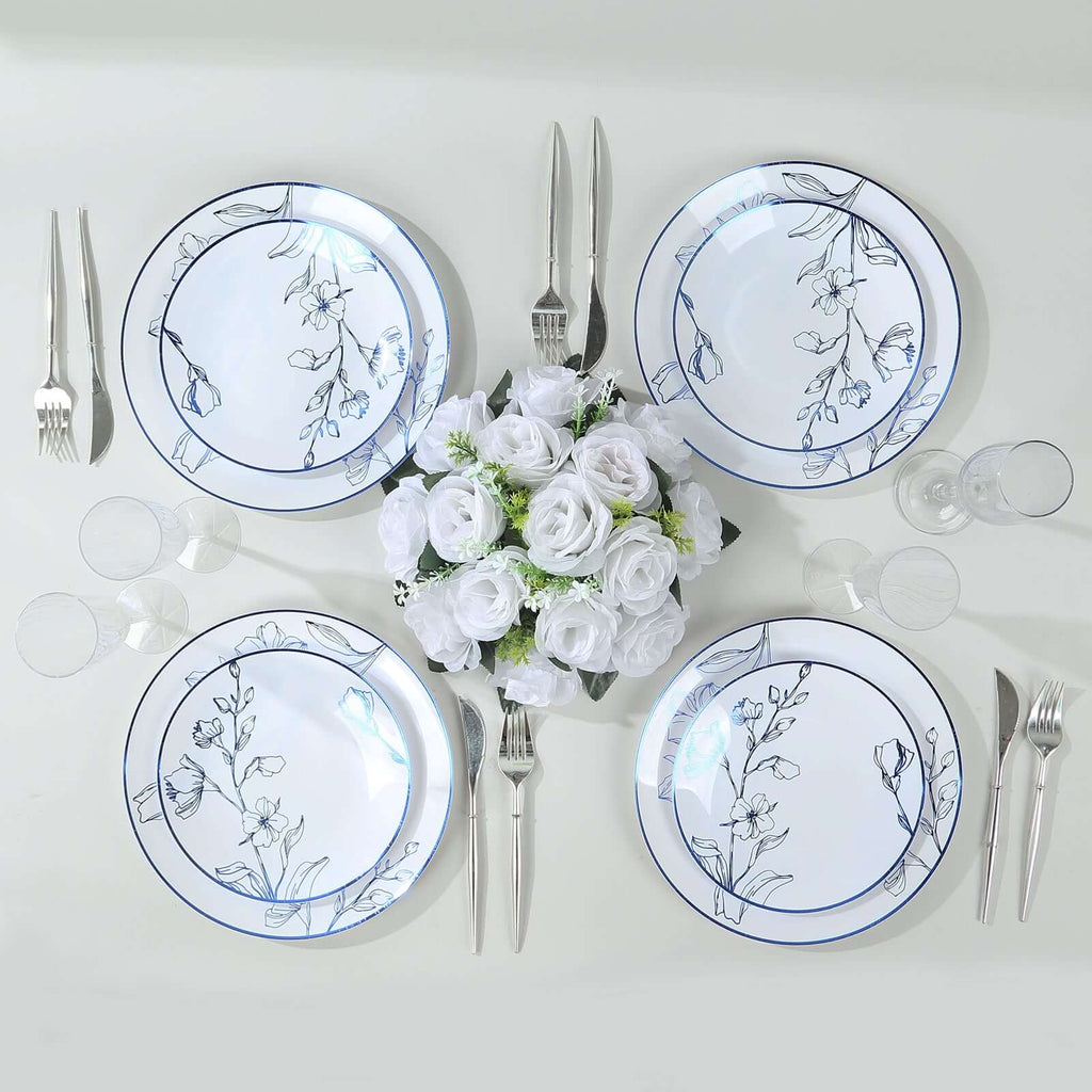 Floral Plastic Round Plates Set White/Blue 8